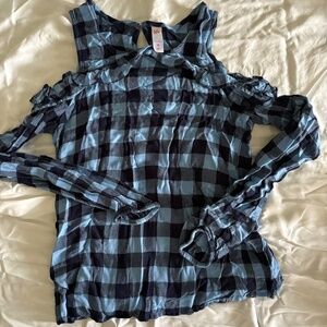 Justice navy blue flannel blouse - frilly open shoulder